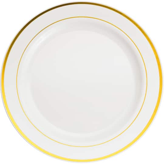 12 Packs: 10 ct. (120 total) 10.3&#x22; Round Banquet Plates with Gold Trim by Celebrate It&#x2122;